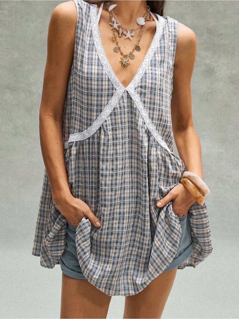 Bohemian Casual Woven Blue & Beige Plaid Sleeveless Midi Dress with Lace Trim - Picture 3 of 11